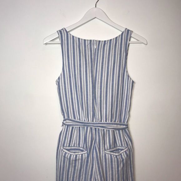 GAP Linen Cotton Jumpsuit Size 4 Blue Striped Apron Wide Leg Cropped - Picture 8 of 9